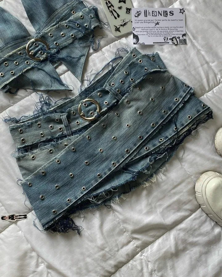 Y2K Leather Spliced Denim Black Two Piece Set Women Harajuku Gothic Long Sleeve Zipper Jacket Mini Pleated Skirt Autumn Jacket by Urban Fashion Icon