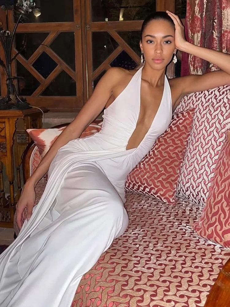TARUXY Deep V Neck Halter Long Dress Female Elegant Ruched Ribbon Splice Summer New Vacation Dress Sexy Slim Sleeveless Vestido by Urban Fashion Icon