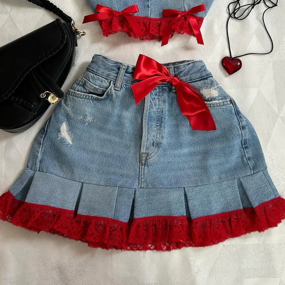 Y2K Leather Spliced Denim Black Two Piece Set Women Harajuku Gothic Long Sleeve Zipper Jacket Mini Pleated Skirt Autumn Jacket by Urban Fashion Icon