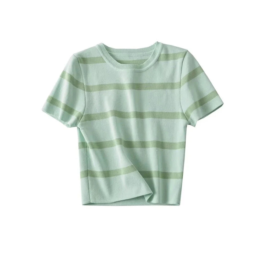 Women Fashion Striped Basic Cropped Knit Sweater Vintage O Neck Short Sleeve Female Pullovers Chic Tops by Urban Fashion Icon