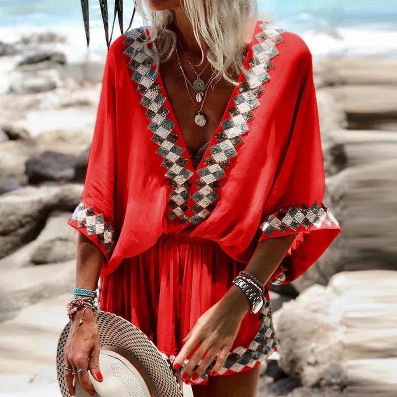 Sexy v Neck Bohemian Print Jumpsuit Office Lady Summer Casual Short Wide Leg Jumpsuits for Women 2023 Colorful One Piece Rompers