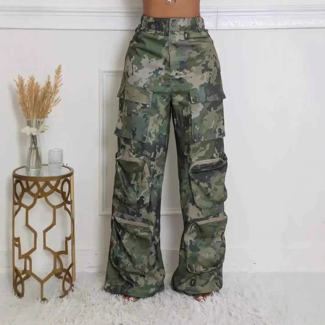 Camouflage High Waist Cargo Pocket Pants