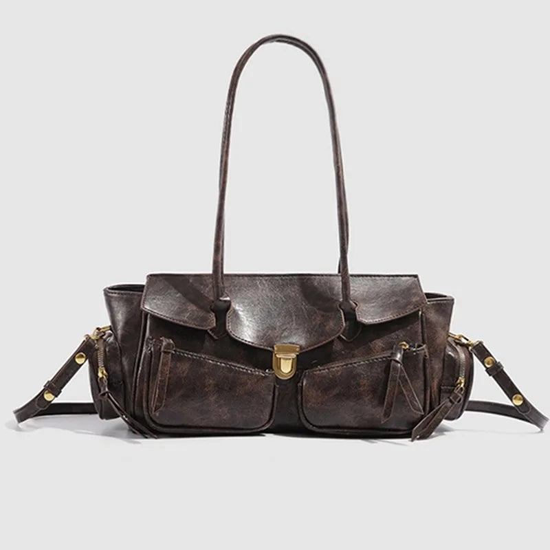 Vintage Underarm Bag For Girl Versatile Handbag Multi-pocket Motorcycle Bag Luxury Designer Handbag Spaghetti Strap Leather Bag