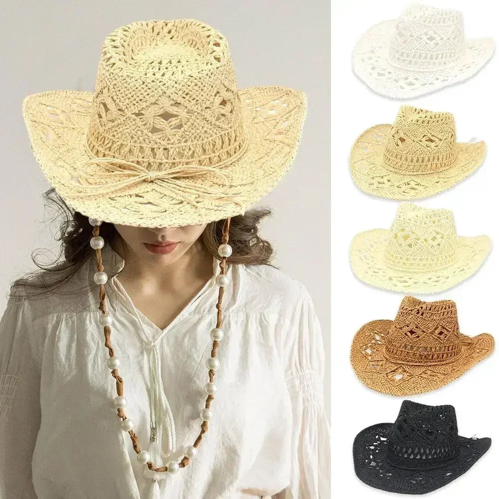 Summer Outdoor Men Women Hand-woven Western Cowboy Straw Hats Wide Brim Breathable Beach Jazz Cap Sun Protection Hat (Copy)