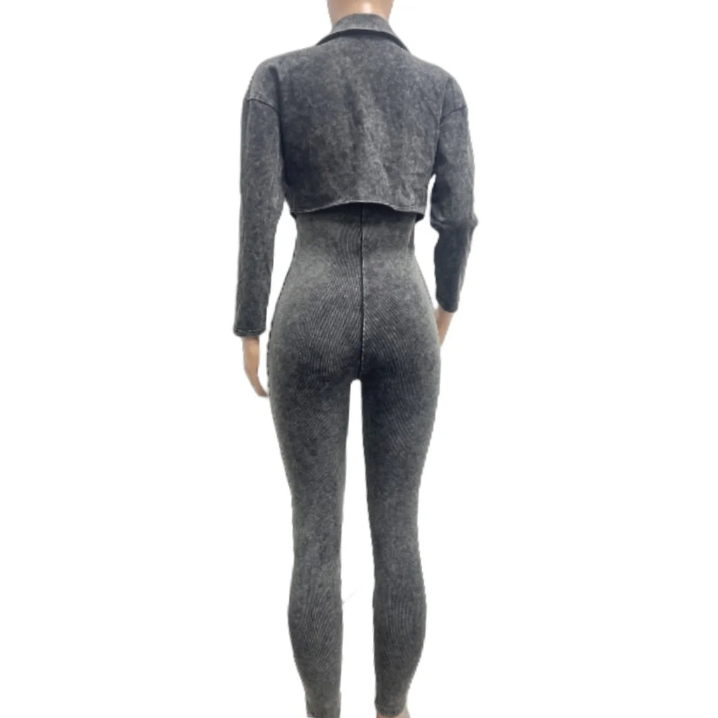 Ribbed Long Sleeve Crop Jacket + Bodycon Jumpsuit