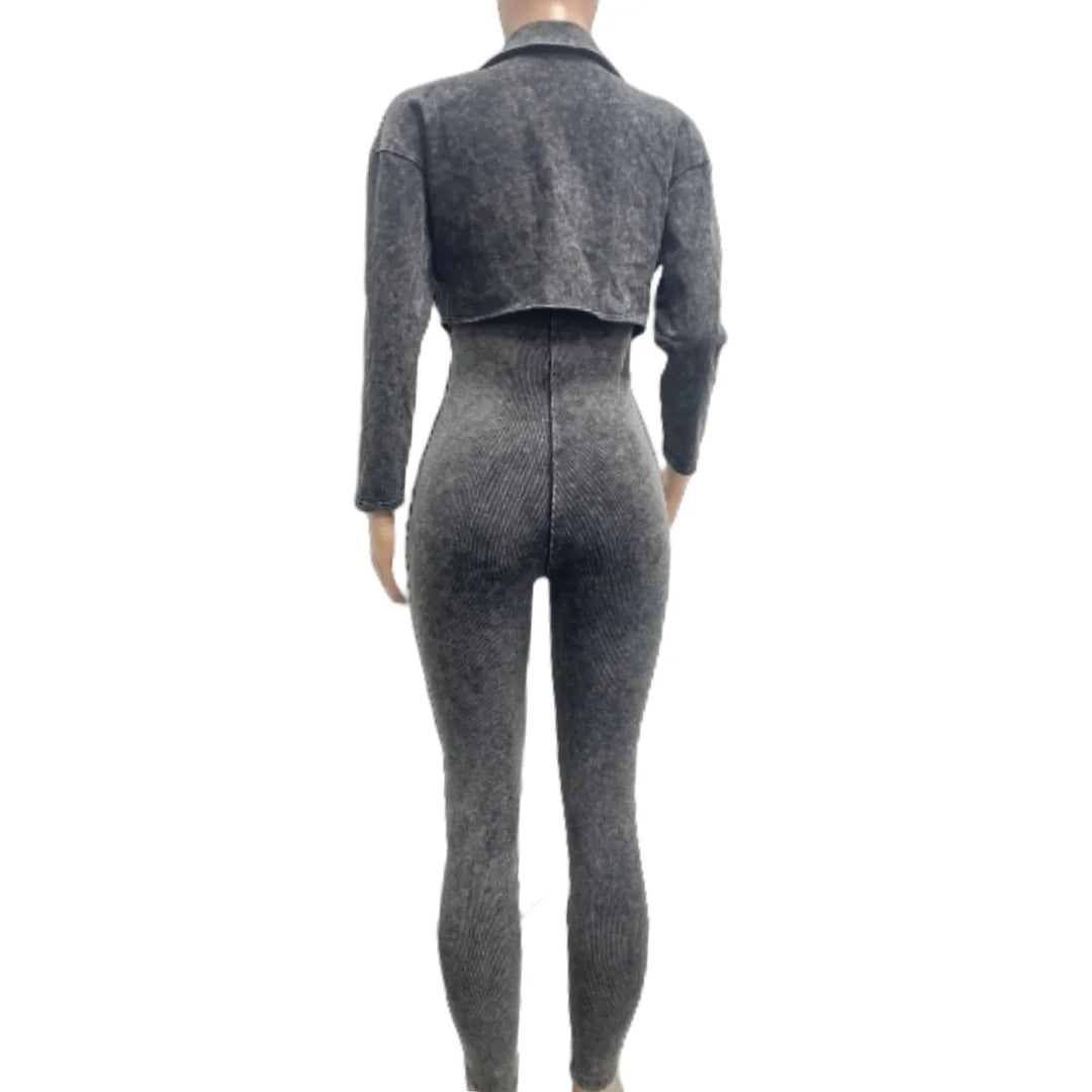 Ribbed Long Sleeve Crop Jacket + Bodycon Jumpsuit