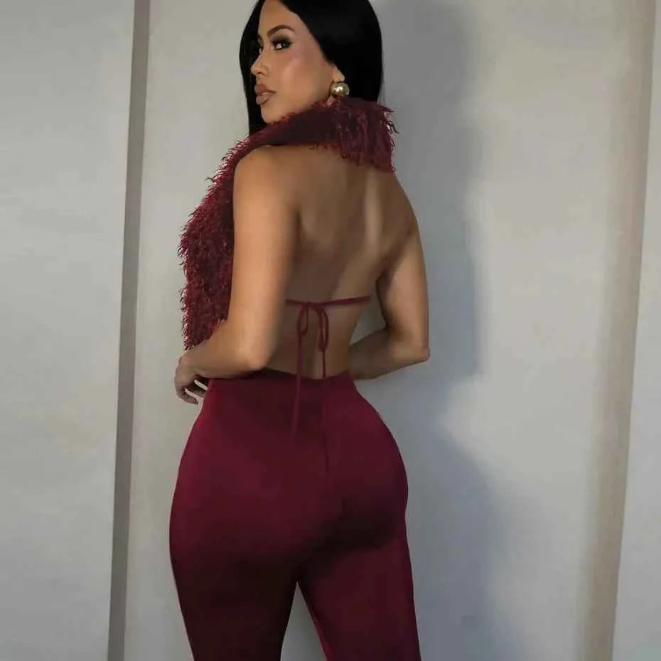 Furry Me Halter Backless Crop Top and Pants Set