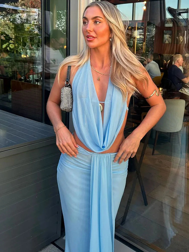 Sisterlinda Mesh High Street 2Piece Set Solid Sexy Stunning Lace UP Draped Swinging Neck Chic Tank+Maxi Skirts Mujer Party Suits by Urban Fashion Icon