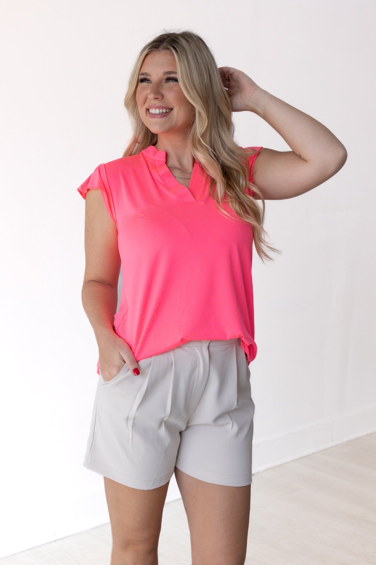 The Nicole V-Neck Top, Neon Pink by Grace+Emma