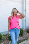 The Nicole V-Neck Top, Neon Pink by Grace+Emma