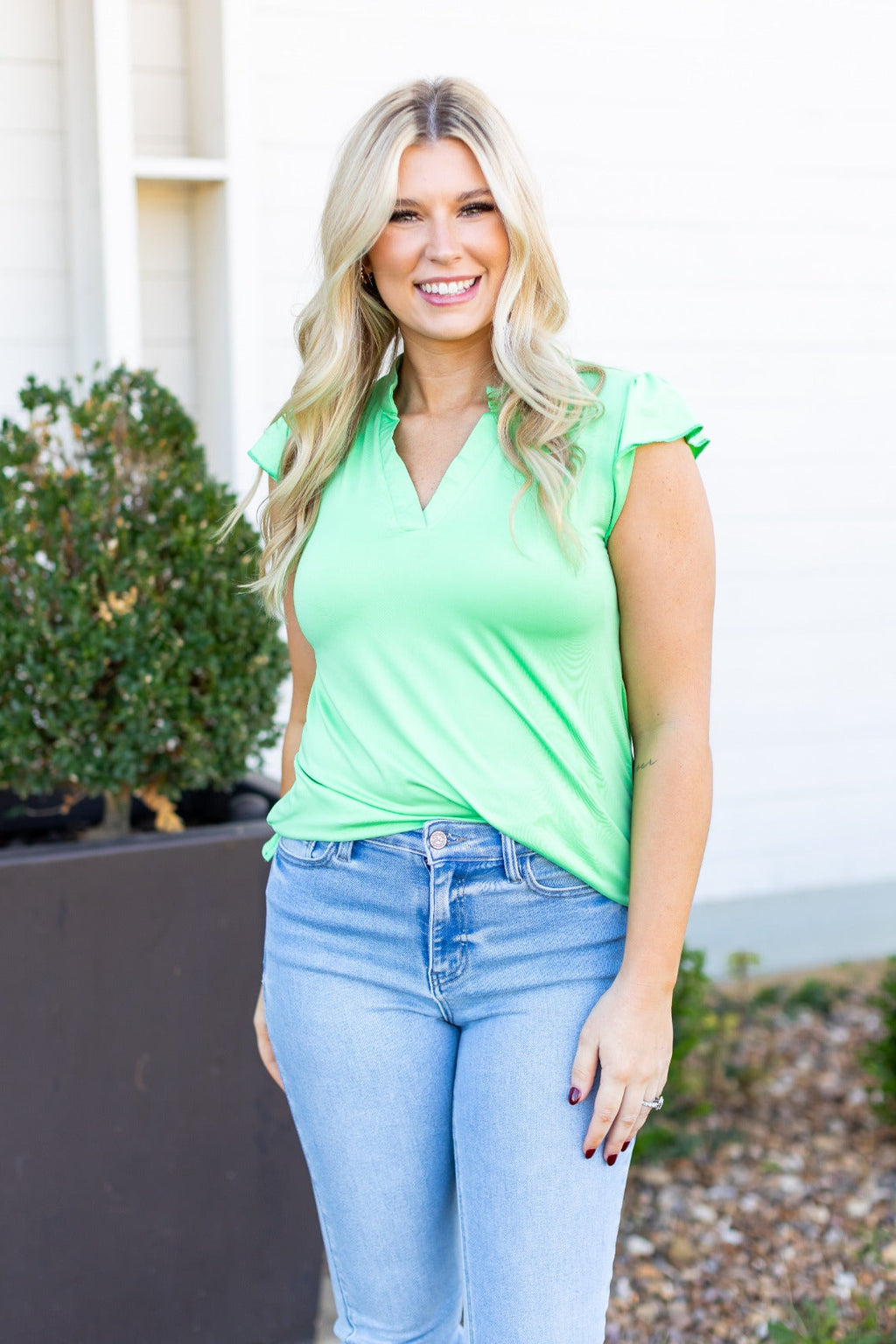 The Nicole V-Neck Top, Lime Green by Grace+Emma