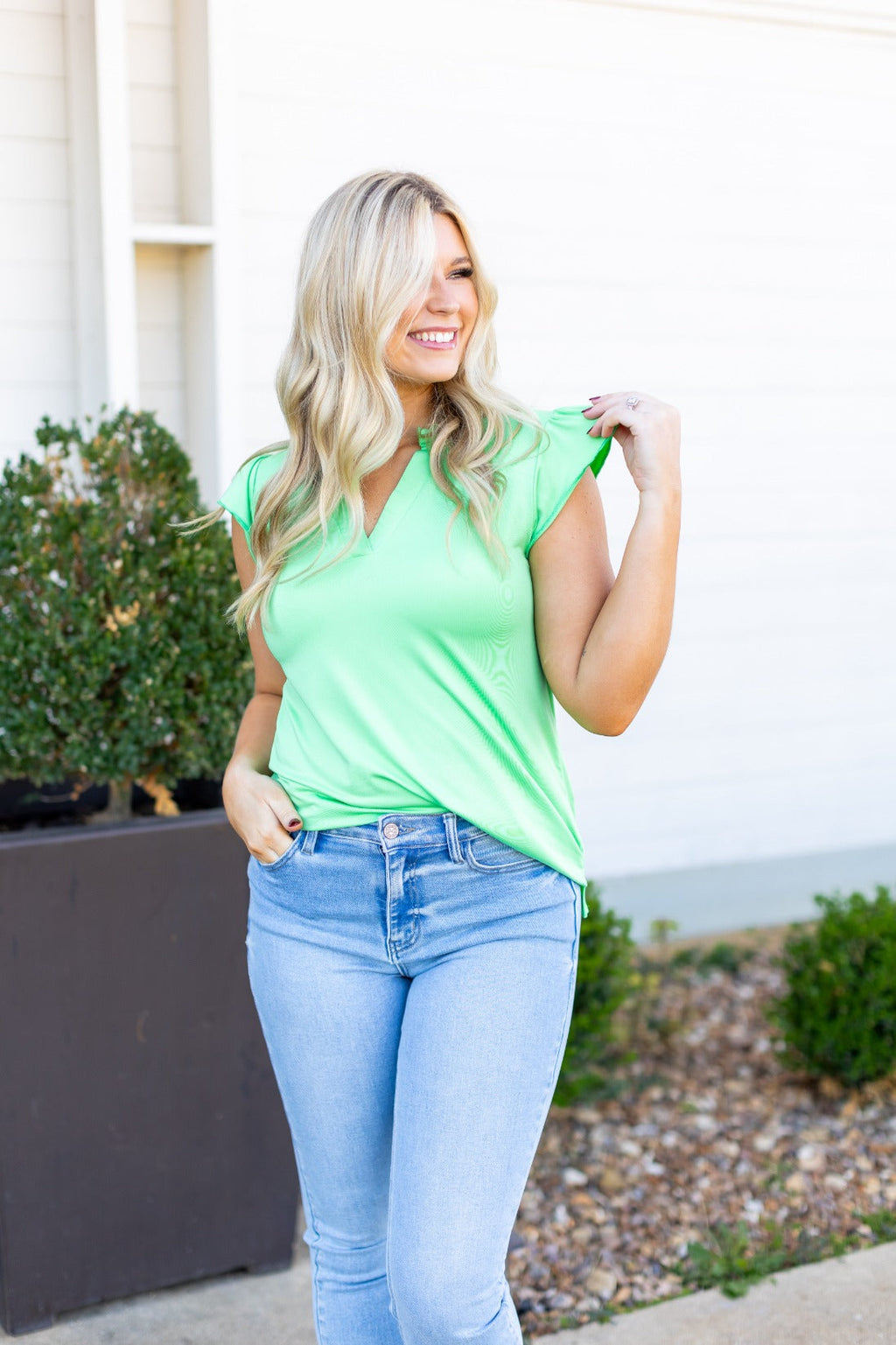 The Nicole V-Neck Top, Lime Green by Grace+Emma