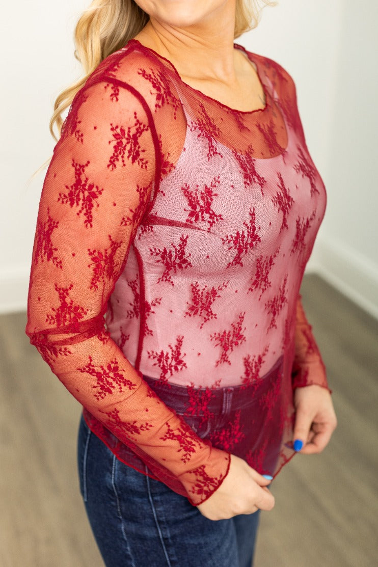 Lace Long-sleeve Top, Red by Grace+Emma