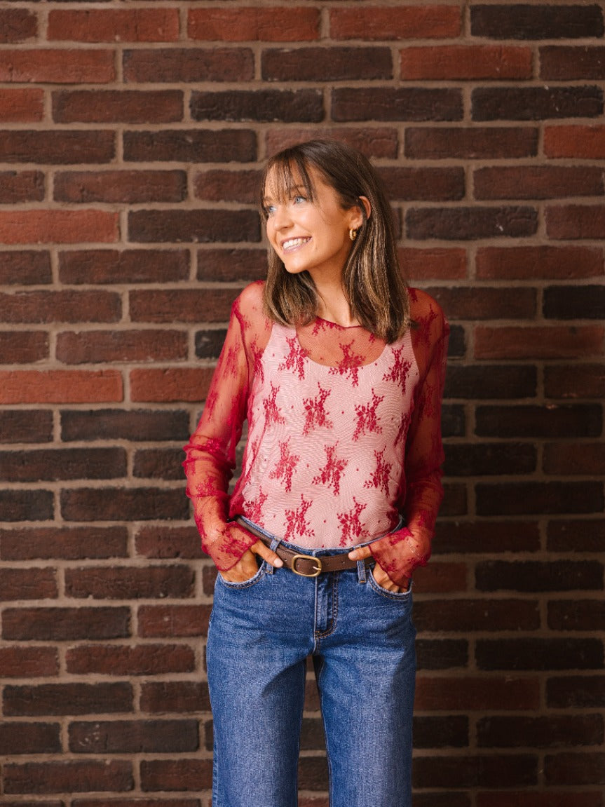 Lace Long-sleeve Top, Red by Grace+Emma