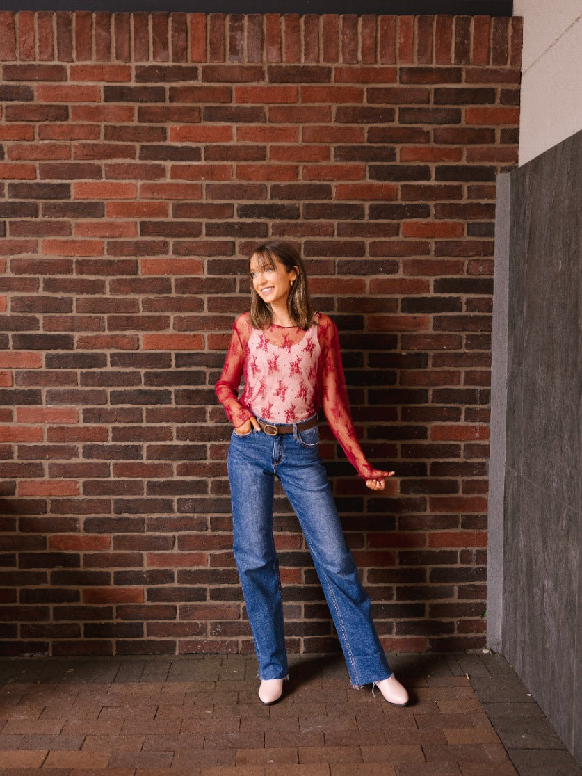 Lace Long-sleeve Top, Red by Grace+Emma