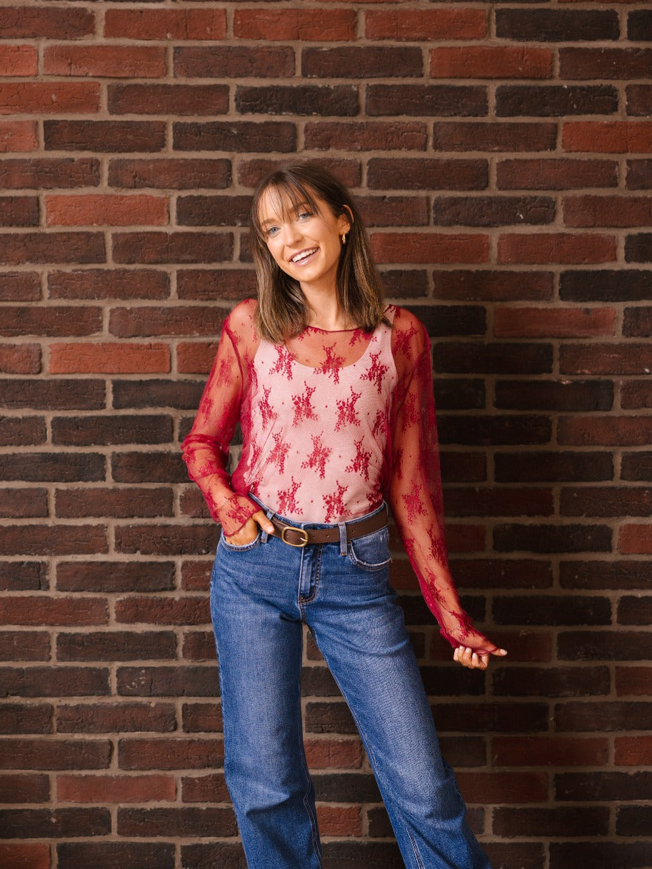 Lace Long-sleeve Top, Red by Grace+Emma