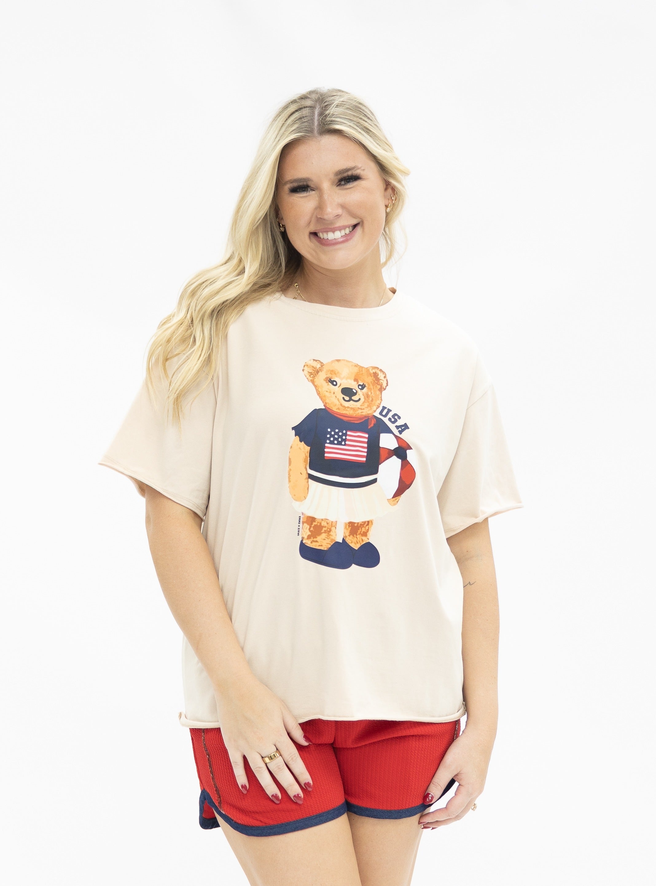 USA Teddy on Beige Boxy Tee by Grace+Emma