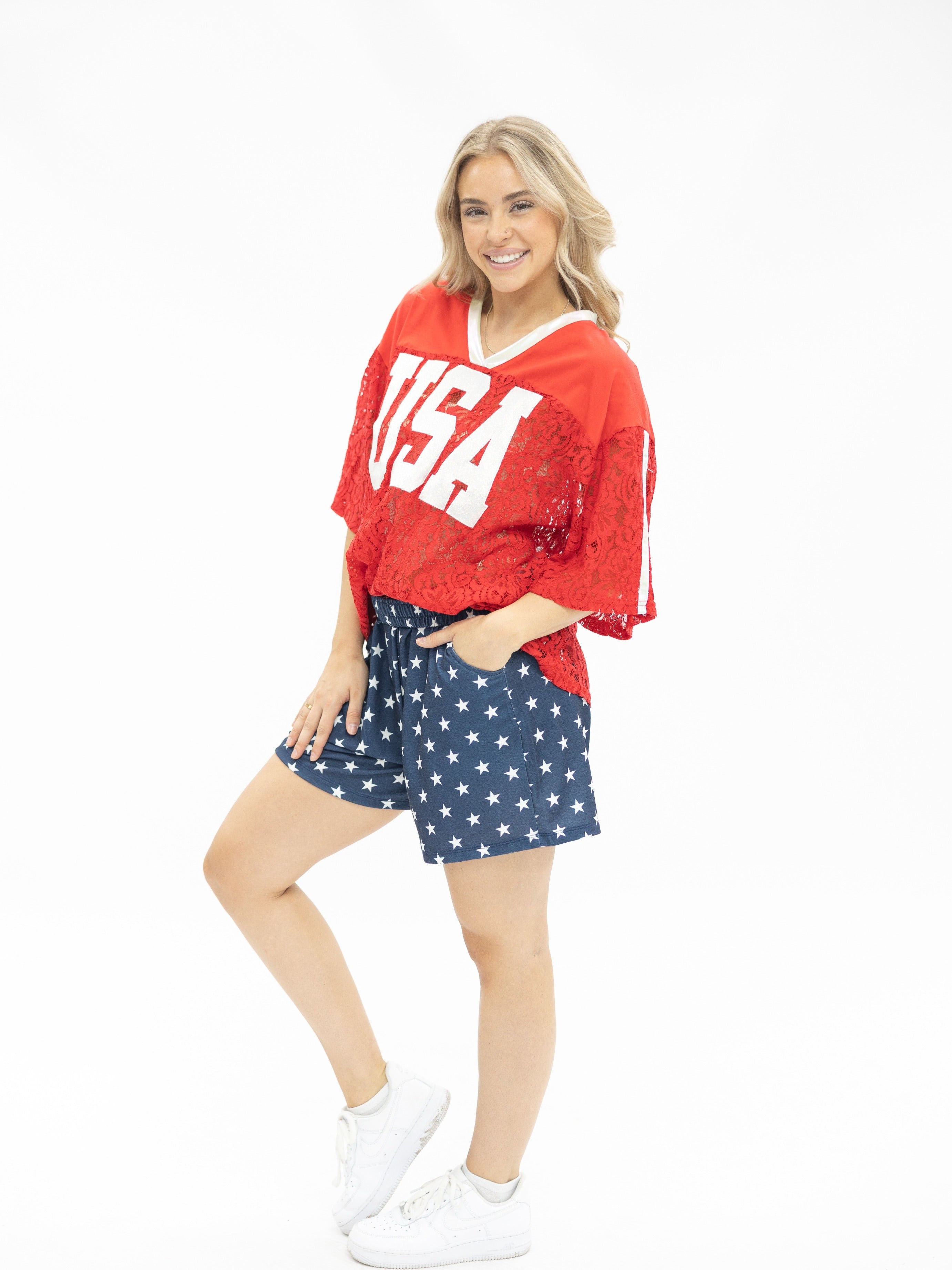 Red Lace "USA" Jersey by Grace+Emma