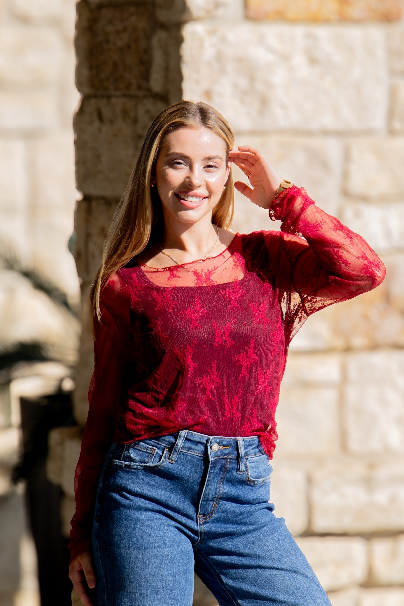 Lace Long-sleeve Top, Red by Grace+Emma