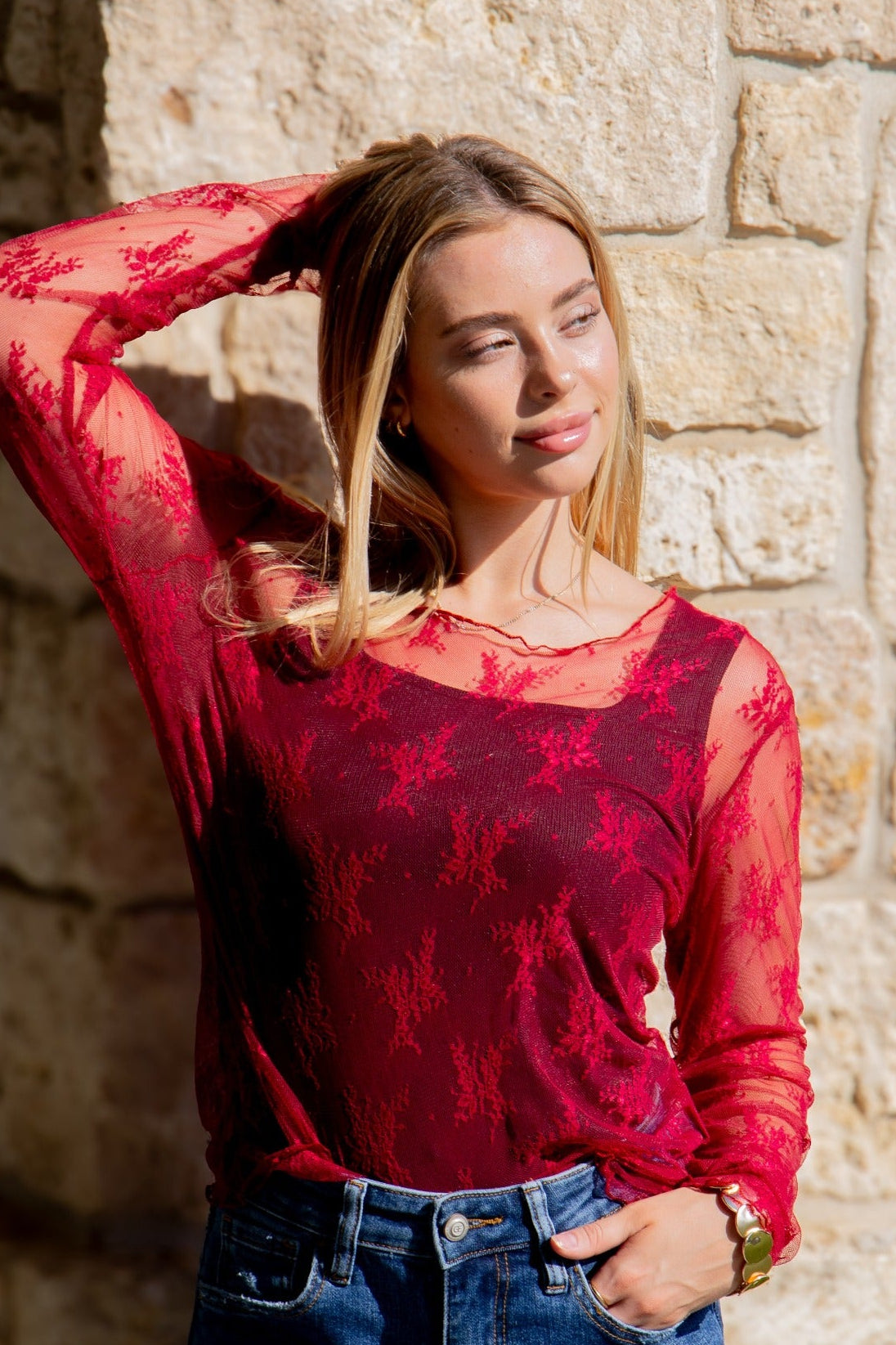 Lace Long-sleeve Top, Red by Grace+Emma