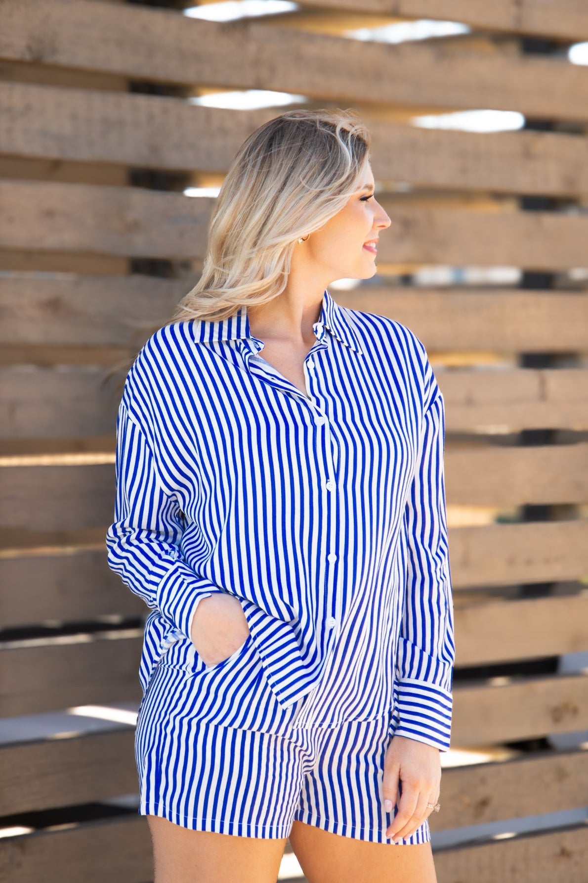Kathryn Classic Button-Up, Blue Stripe by Grace+Emma