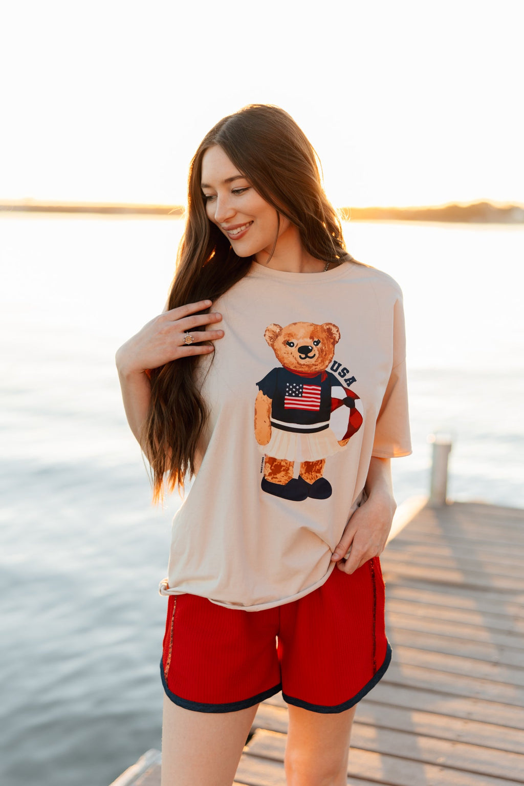 USA Teddy on Beige Boxy Tee by Grace+Emma