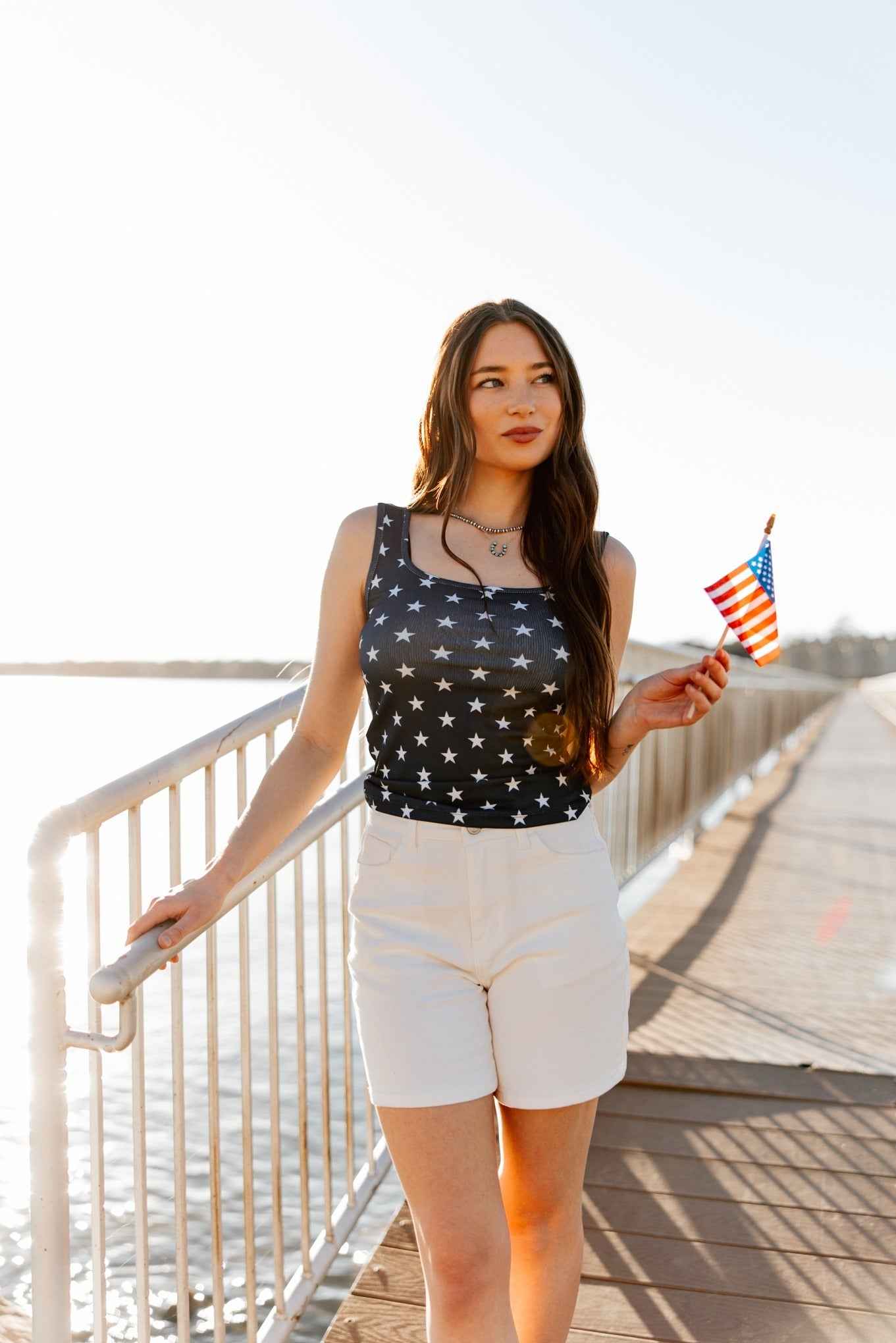 Bella Square Neck Rib Knit Tank Top, Navy Stars