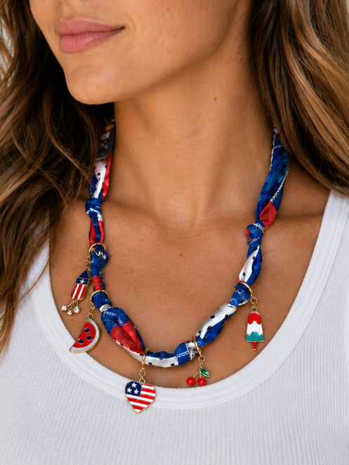Scarf Necklace with Patriotic Charms by Grace+Emma