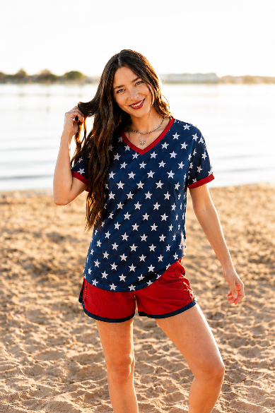 Blue and White Stars V-Neck Top by Grace+Emma