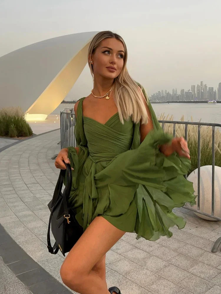 Irregular Mesh Split Long Sleeve Dress Sexy Green Lace Up Pleated Hem High Waist Vestido Summer Lady Vacation Beach Gowns 2025 by Urban Fashion Icon