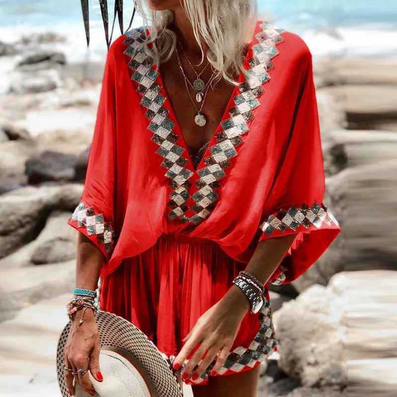 Sexy v Neck Bohemian Print Jumpsuit Office Lady Summer Casual Short Wide Leg Jumpsuits for Women 2023 Colorful One Piece Rompers