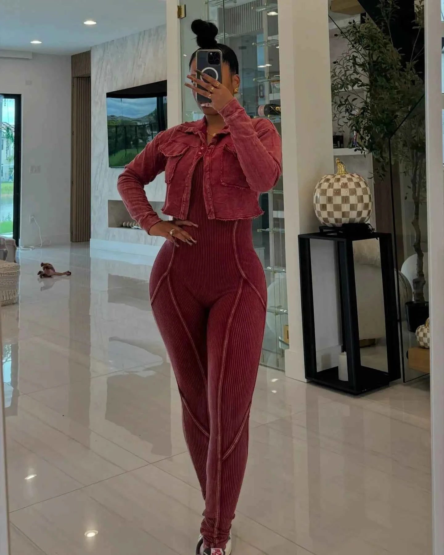 Ribbed Long Sleeve Crop Jacket + Bodycon Jumpsuit