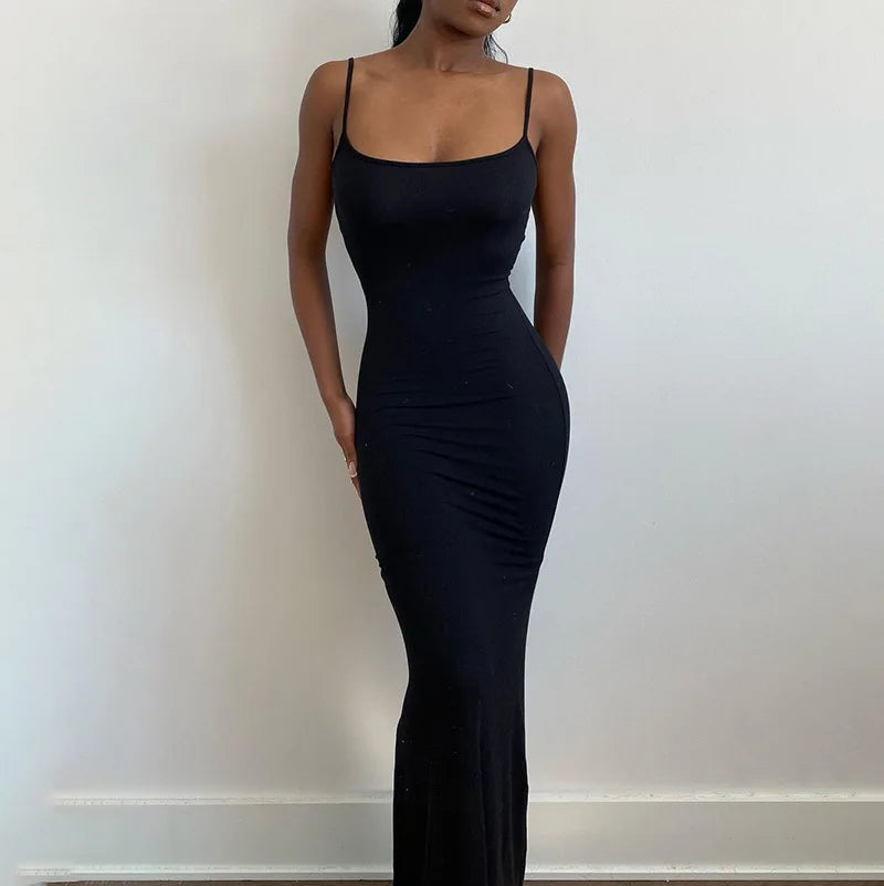 Spaghetti Strap Black Long Sleeveless Skinny Bodycon Dress Y2k by nowadaysfashion