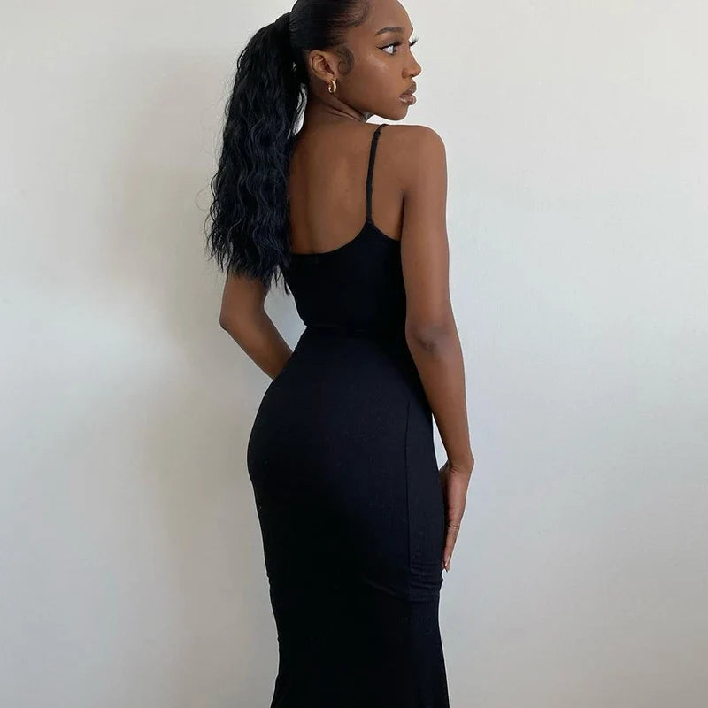 Spaghetti Strap Black Long Sleeveless Skinny Bodycon Dress Y2k by nowadaysfashion