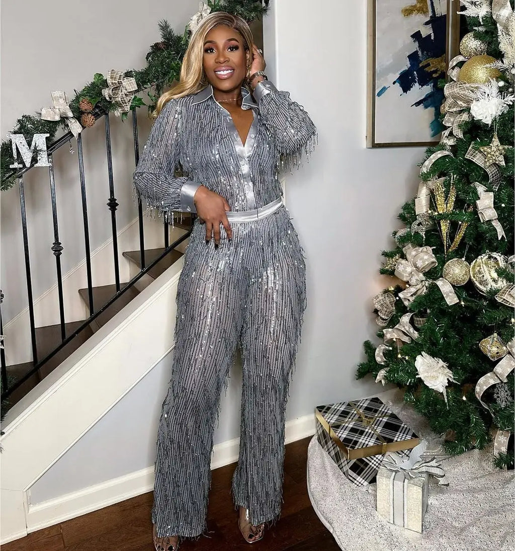 Fringe Sequin Two-Piece Pant Set