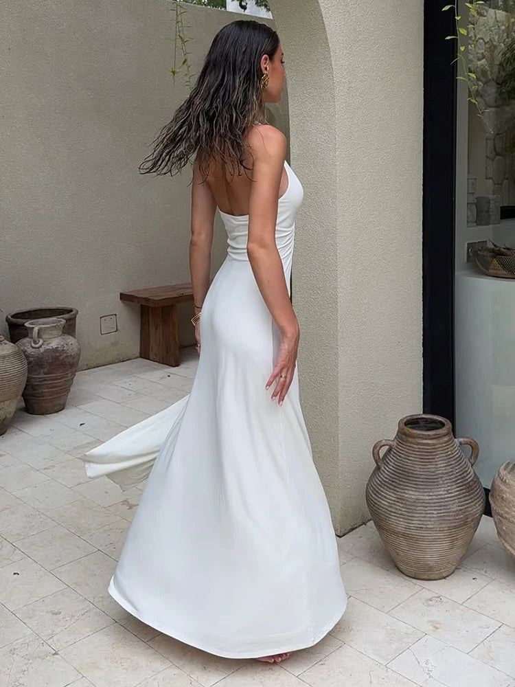 TARUXY Deep V Neck Halter Long Dress Female Elegant Ruched Ribbon Splice Summer New Vacation Dress Sexy Slim Sleeveless Vestido by Urban Fashion Icon