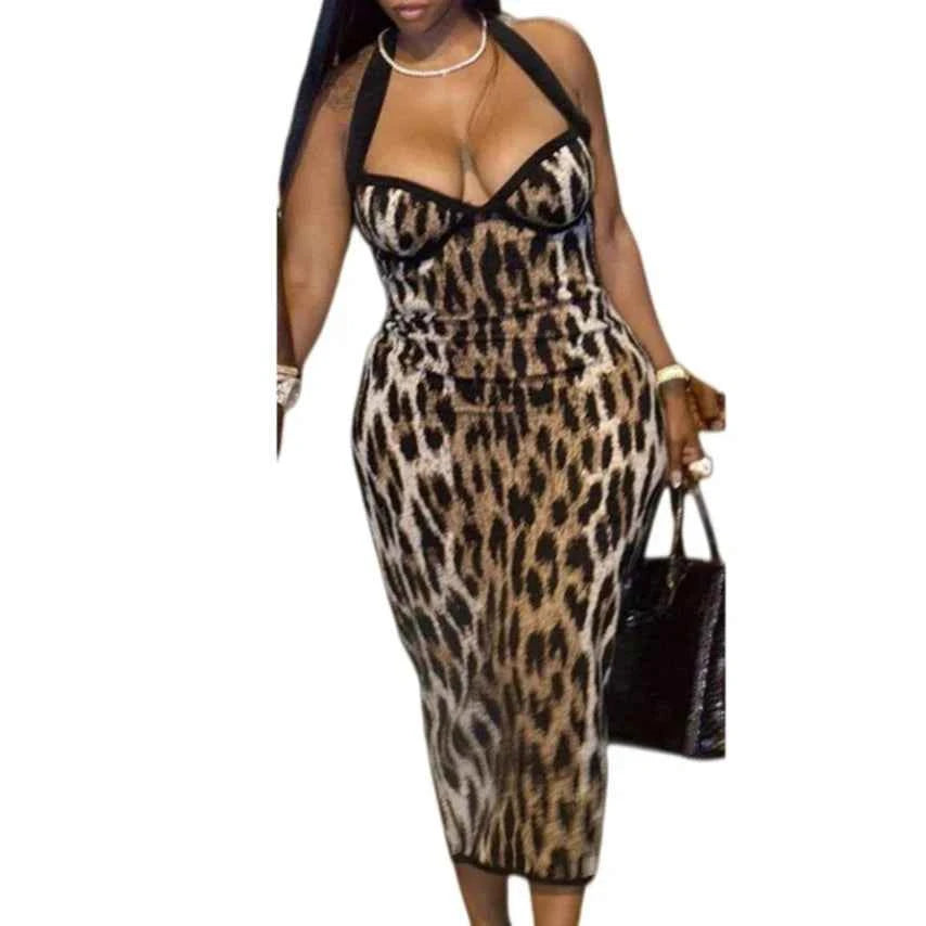 Leopard Print V-Neck Sleeveless Midi Dress