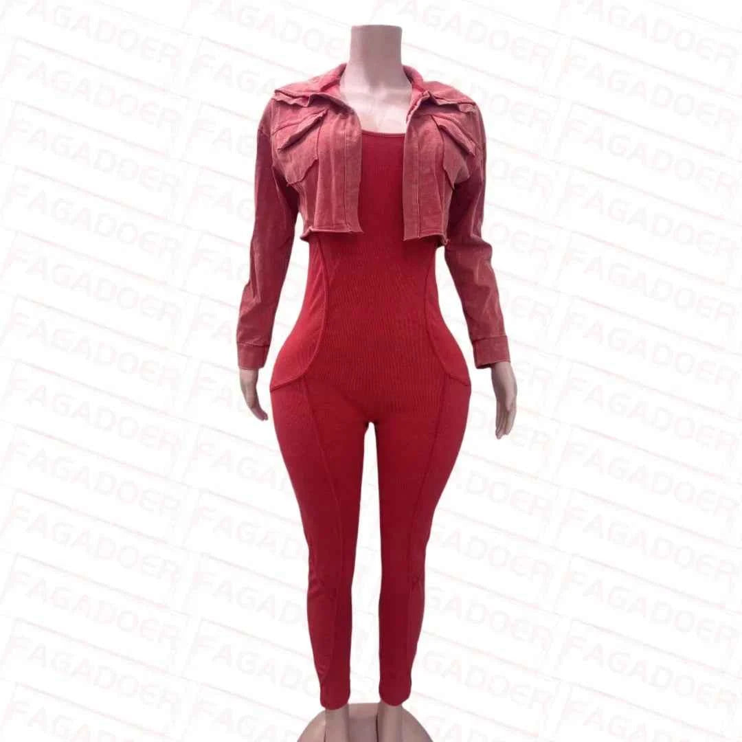 Ribbed Long Sleeve Crop Jacket + Bodycon Jumpsuit