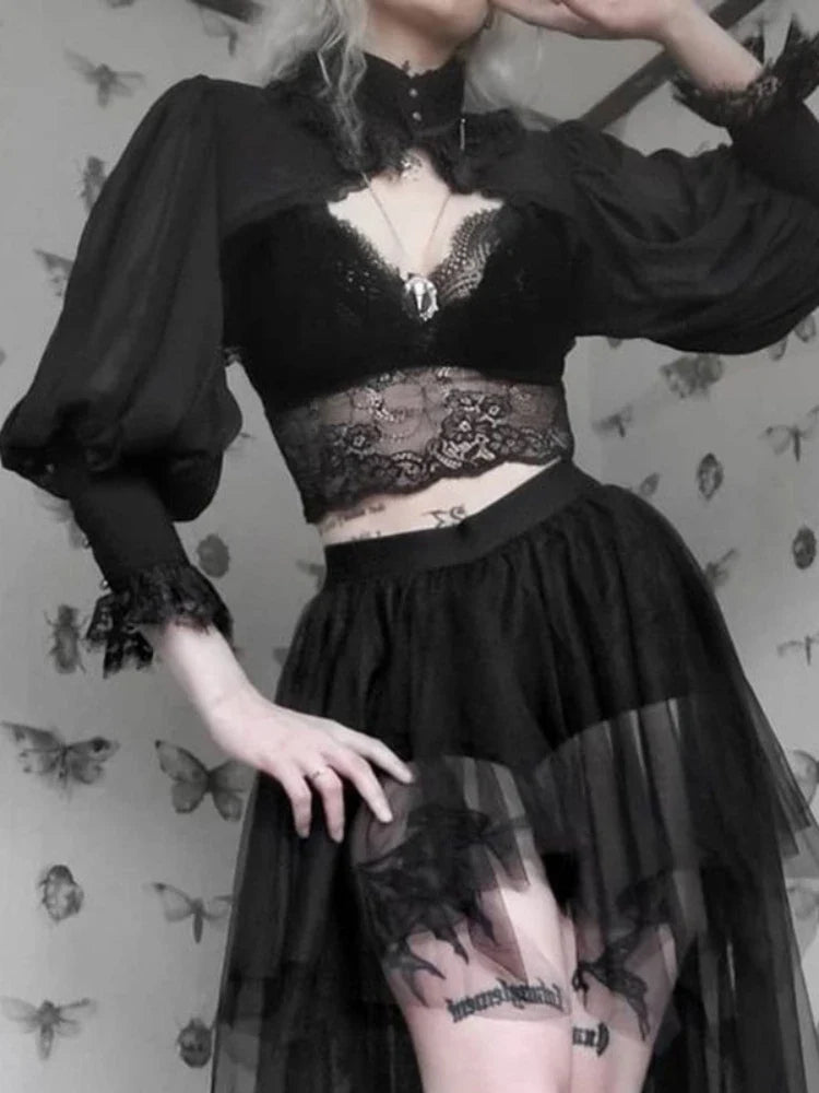Gothic Lantern Sleeve Smock High Street Sexy Black Winter Long Sleeve Crop Top Aesthetic Fairy Blusas Mujer De Moda 2022 by Urban Fashion Icon