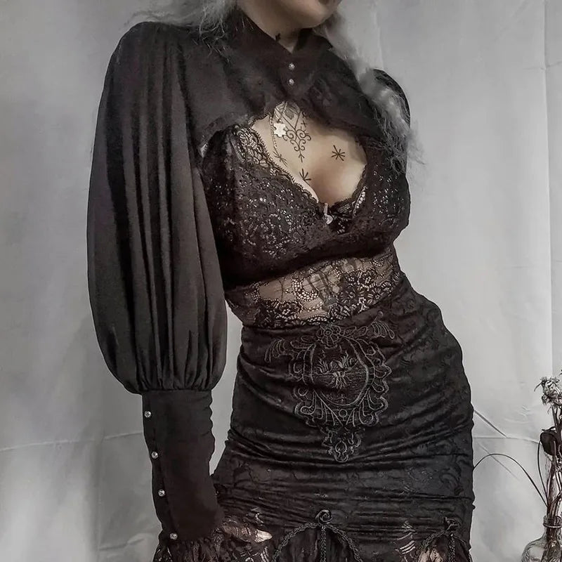 Gothic Lantern Sleeve Smock High Street Sexy Black Winter Long Sleeve Crop Top Aesthetic Fairy Blusas Mujer De Moda 2022 by Urban Fashion Icon