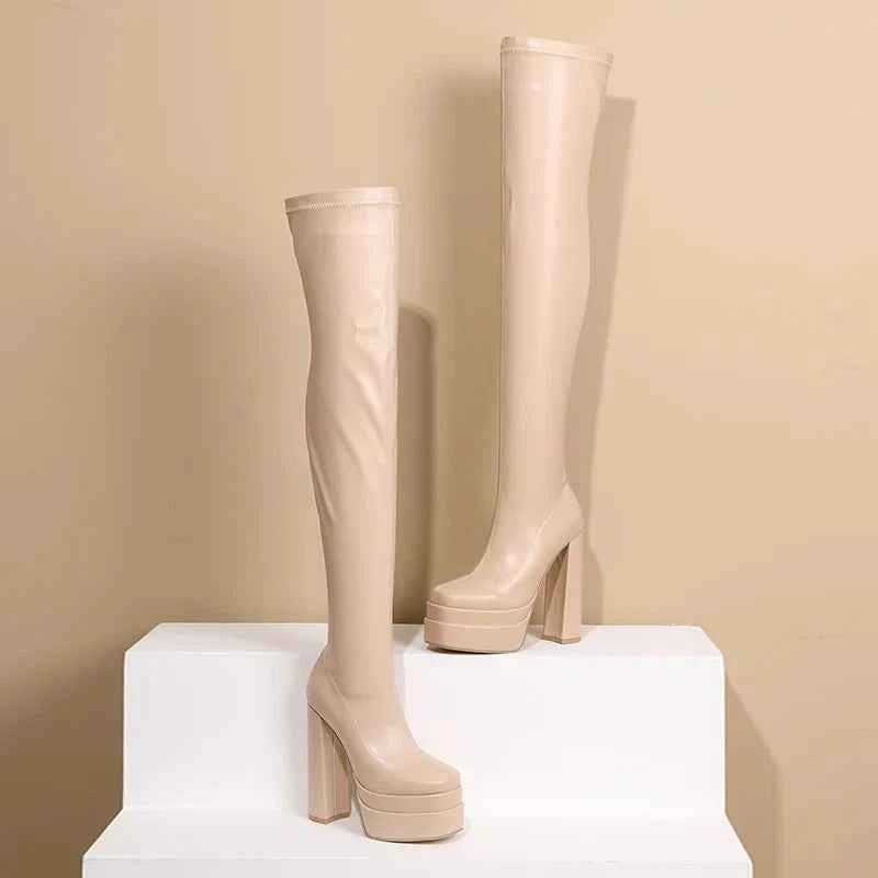 Square Toe Platform Over the Knee Heel Boots