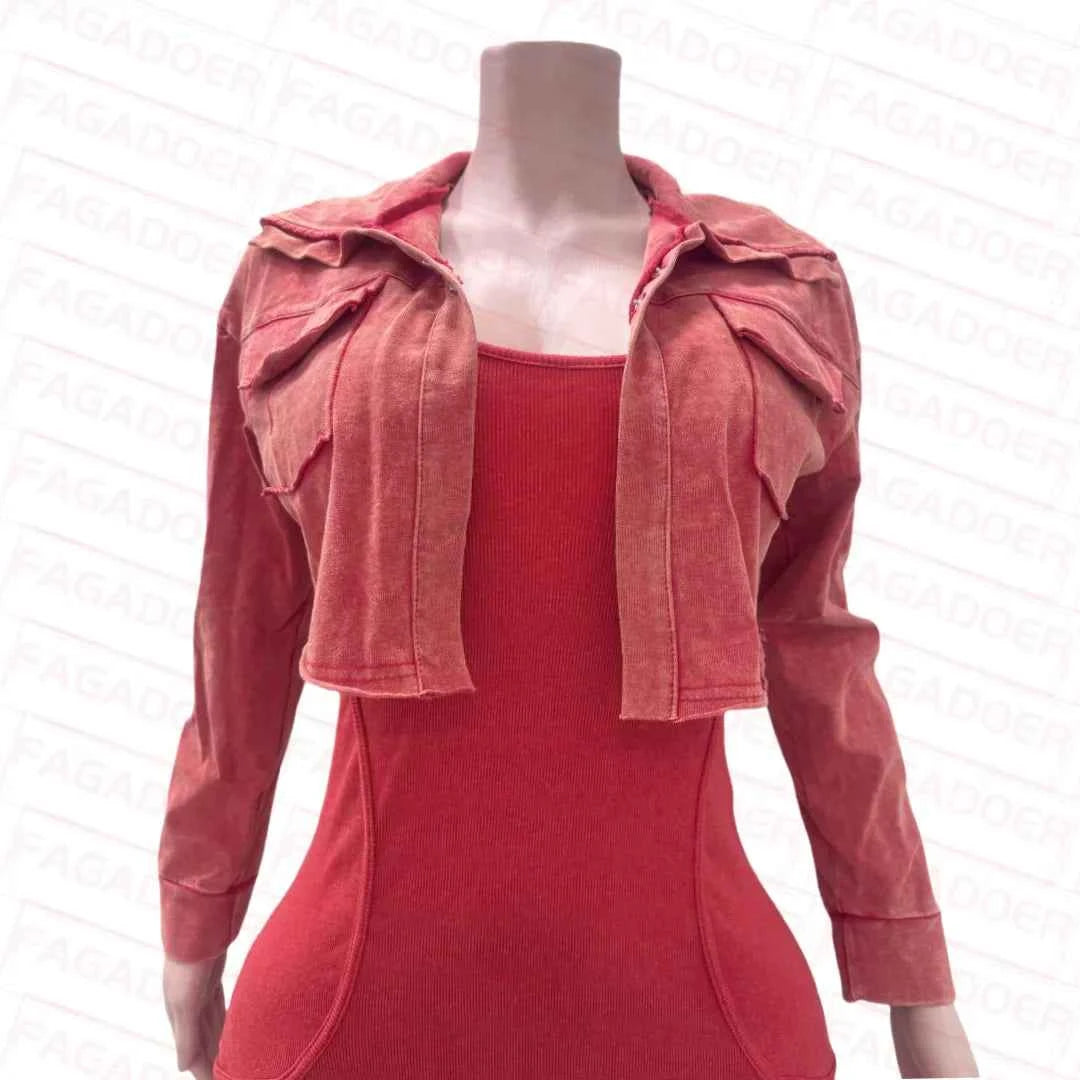 Ribbed Long Sleeve Crop Jacket + Bodycon Jumpsuit