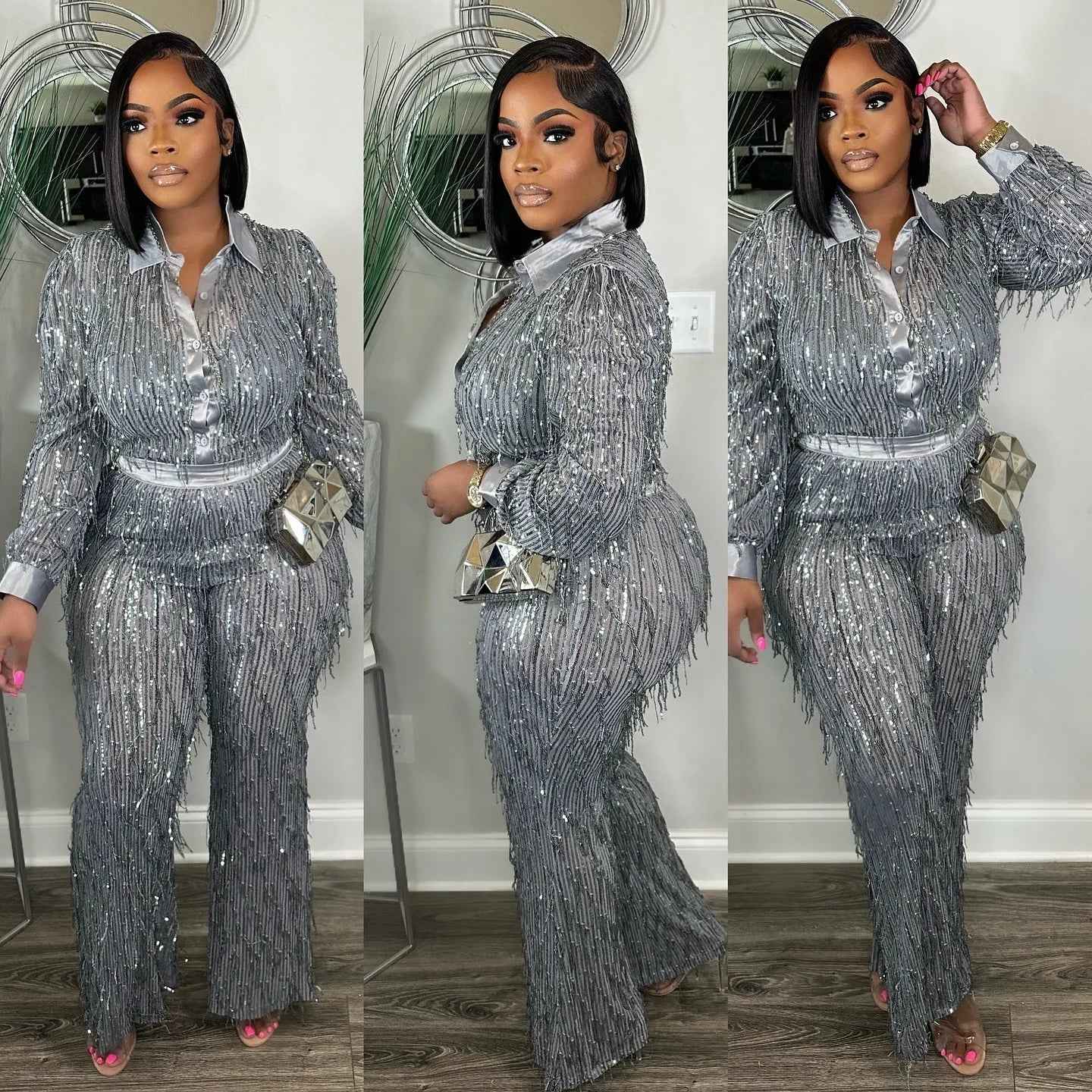 Fringe Sequin Two-Piece Pant Set