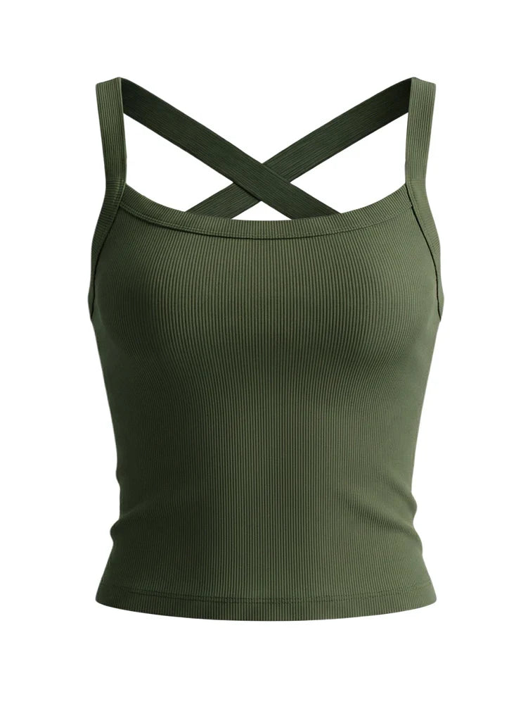 Low-Neck Vest Women Cross Shoulder Strap Solid Skinny Stretch Sexy Midnight Hottie Beach Party Sporty Basis Tops by Urban Fashion Icon