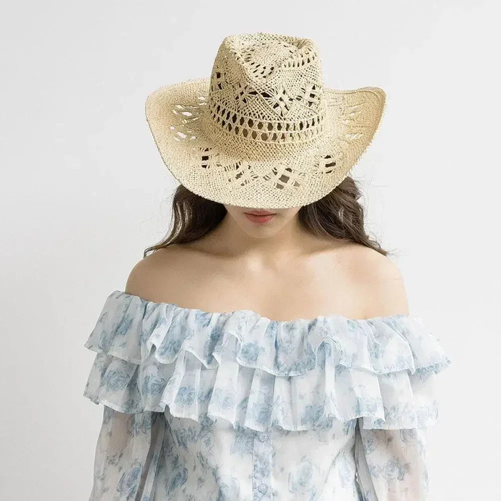 Summer Outdoor Men Women Hand-woven Western Cowboy Straw Hats Wide Brim Breathable Beach Jazz Cap Sun Protection Hat (Copy)