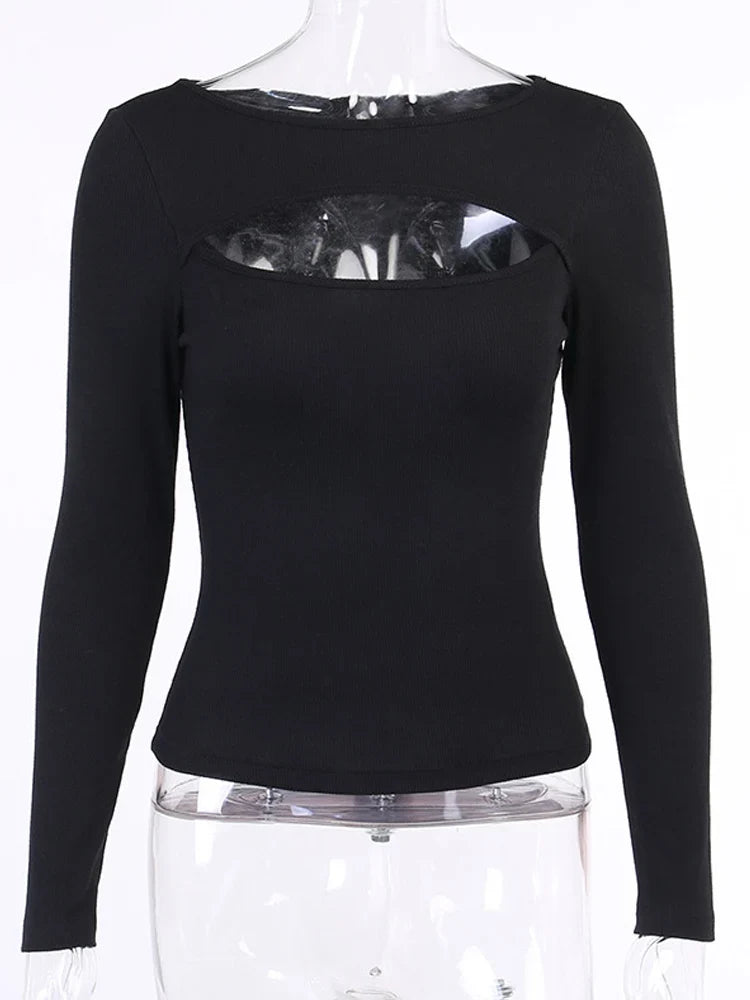 Autumn Women tshirt Hollow Out Solid Black White Long Sleeve Knitted Tee Tops Casual Slim O Neck Fashion t shirt by Urban Fashion Icon