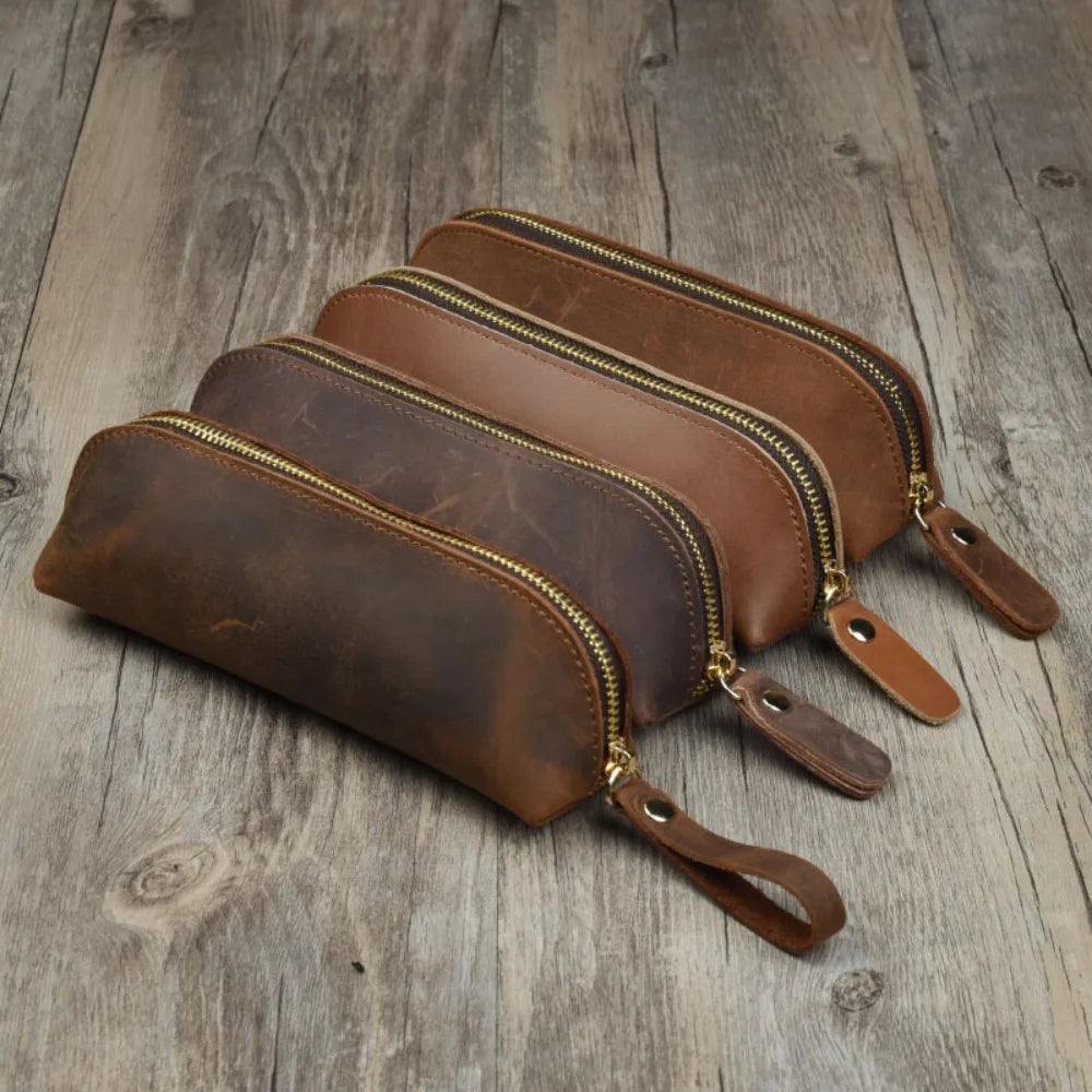 Vintage Leather Pencil Bag Simple Stationery Hoder Pen Case Storage