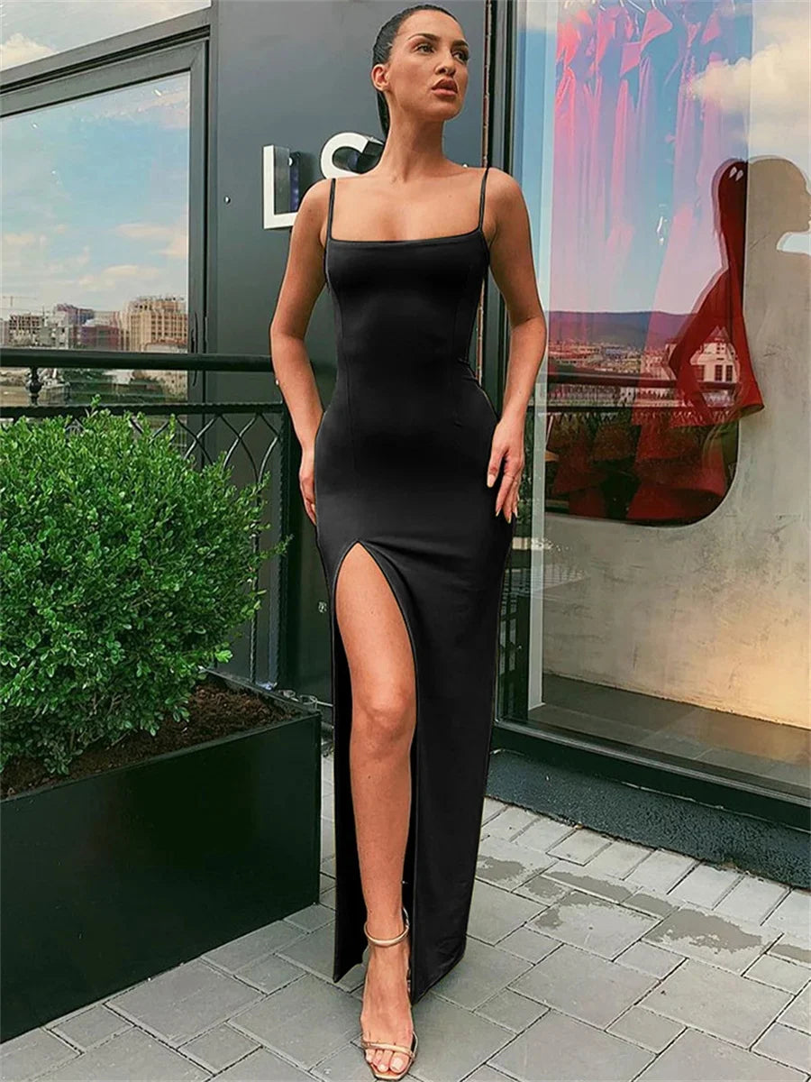 Women Summer Sexy Bodycon Dress Lady Sexy Spaghetti Strap Sleeve Split Solid Color Sheath Dress Vestidos by Urban Fashion Icon