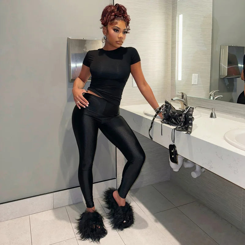 Crop Top Solid Color Two-Piece Pant Sets