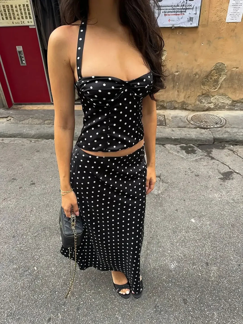 Retro Polka Dot 2-piece Set Lady Chic Sleeveless Off-shoulder Halter Crop Top Maxi Skirt Sets 2026 Women Vacation Street Outfit by Urban Fashion Icon